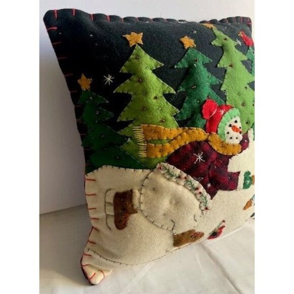 Handmade Winter Snowman & Trees Appliqué Pillow 11"x12" - Picture 4 of 6